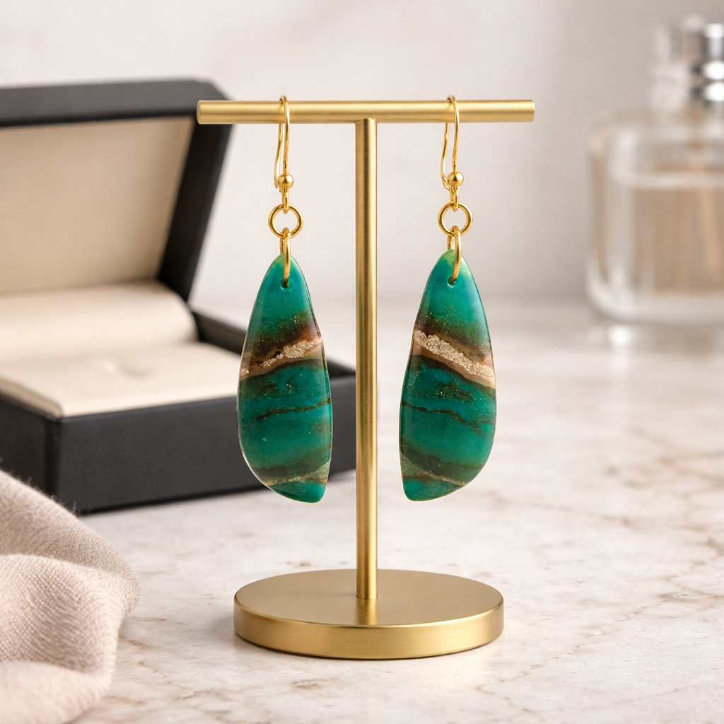 Opalized Wood Teal Drop Earrings