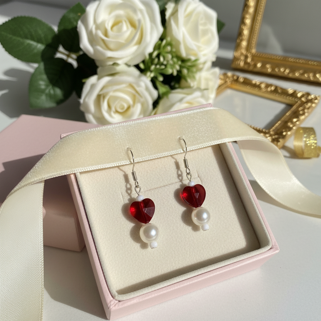 Red Glass Heart & Pearl Drop Earrings