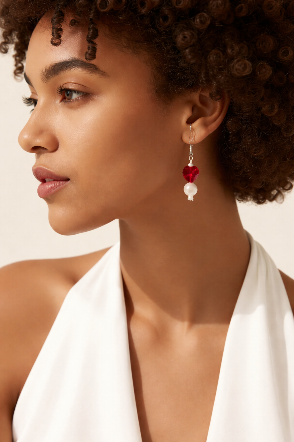 Red Glass Heart & Pearl Drop Earrings