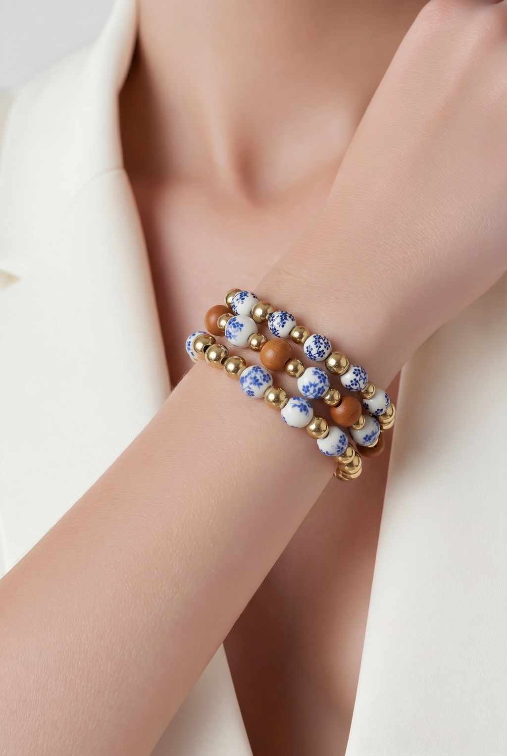 🩵 Blue Porcelain & Gold Stack Bracelet Set