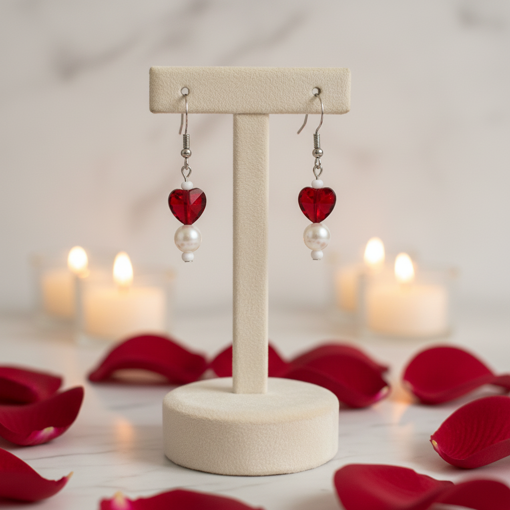 Red Glass Heart & Pearl Drop Earrings