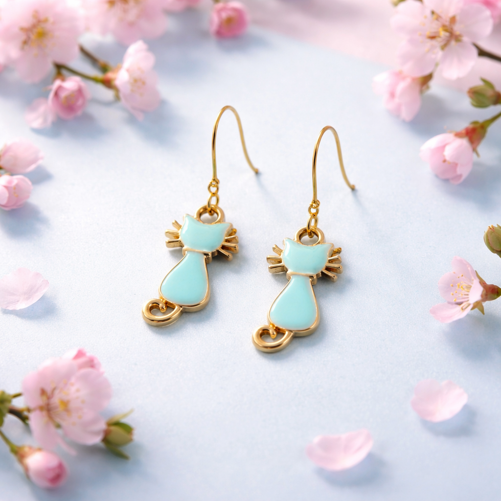 🐱Teal Kitty Charm Drop Earrings