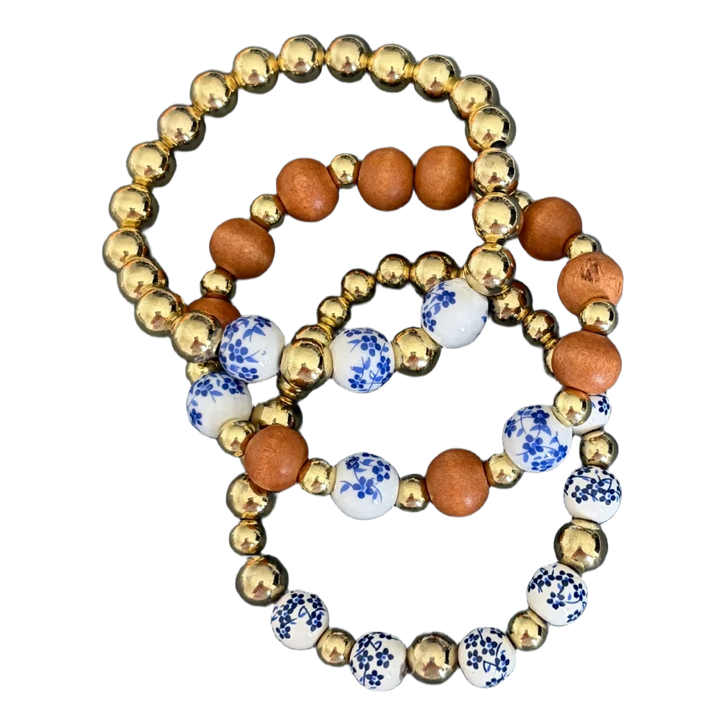 🩵 Blue Porcelain & Gold Stack Bracelet Set