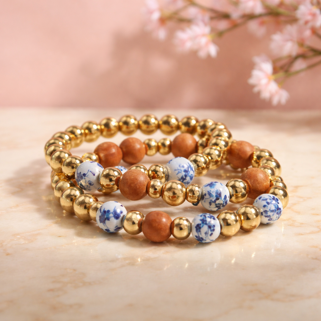 🩵 Blue Porcelain & Gold Stack Bracelet Set