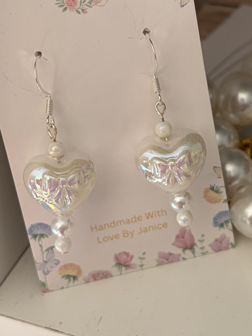 Iridescent Heart Pearl Drop Earrings 💕