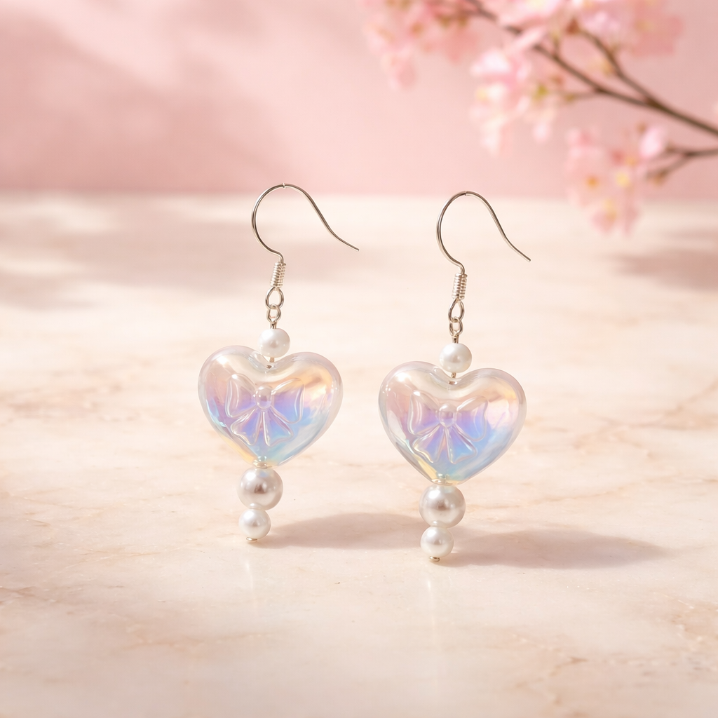 Iridescent Heart Pearl Drop Earrings 💕