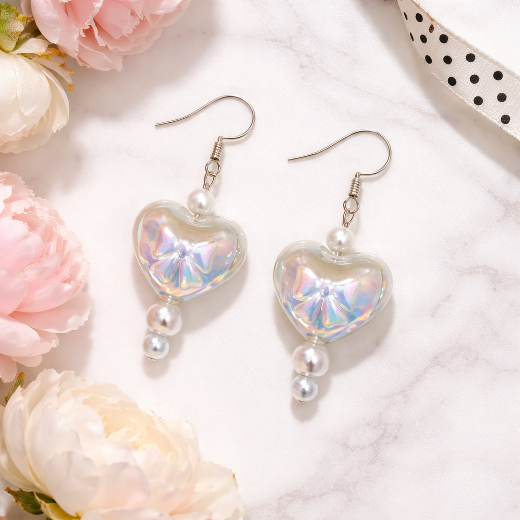Iridescent Heart Pearl Drop Earrings 💕
