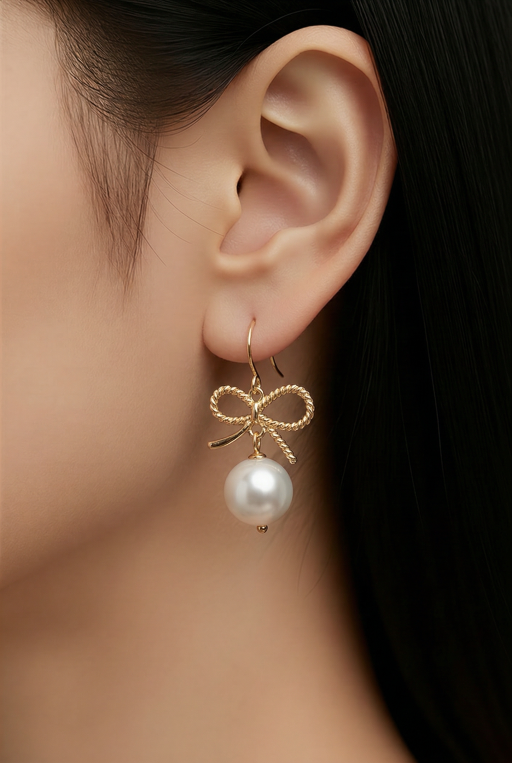 🎀 Golden Bow Pearl Drop Earrings