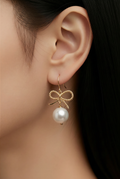 🎀 Golden Bow Pearl Drop Earrings