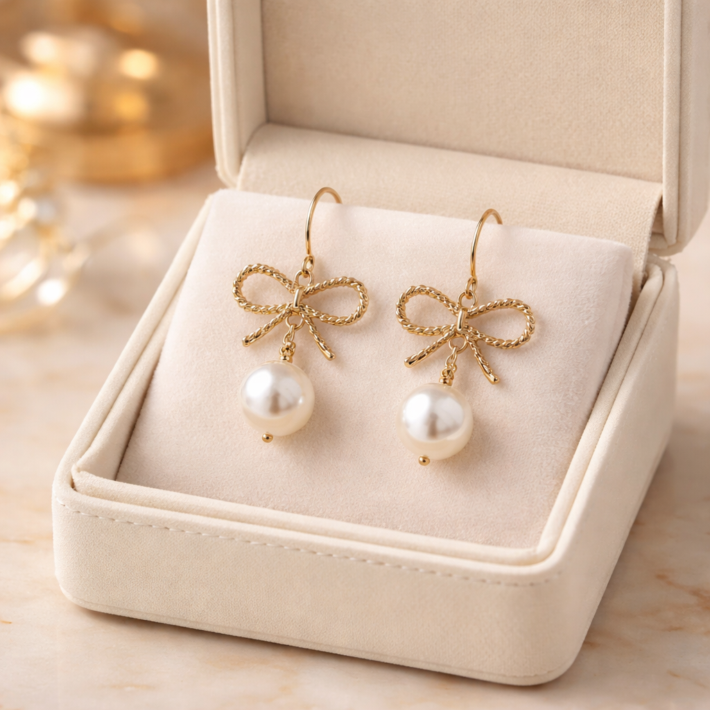 🎀 Golden Bow Pearl Drop Earrings