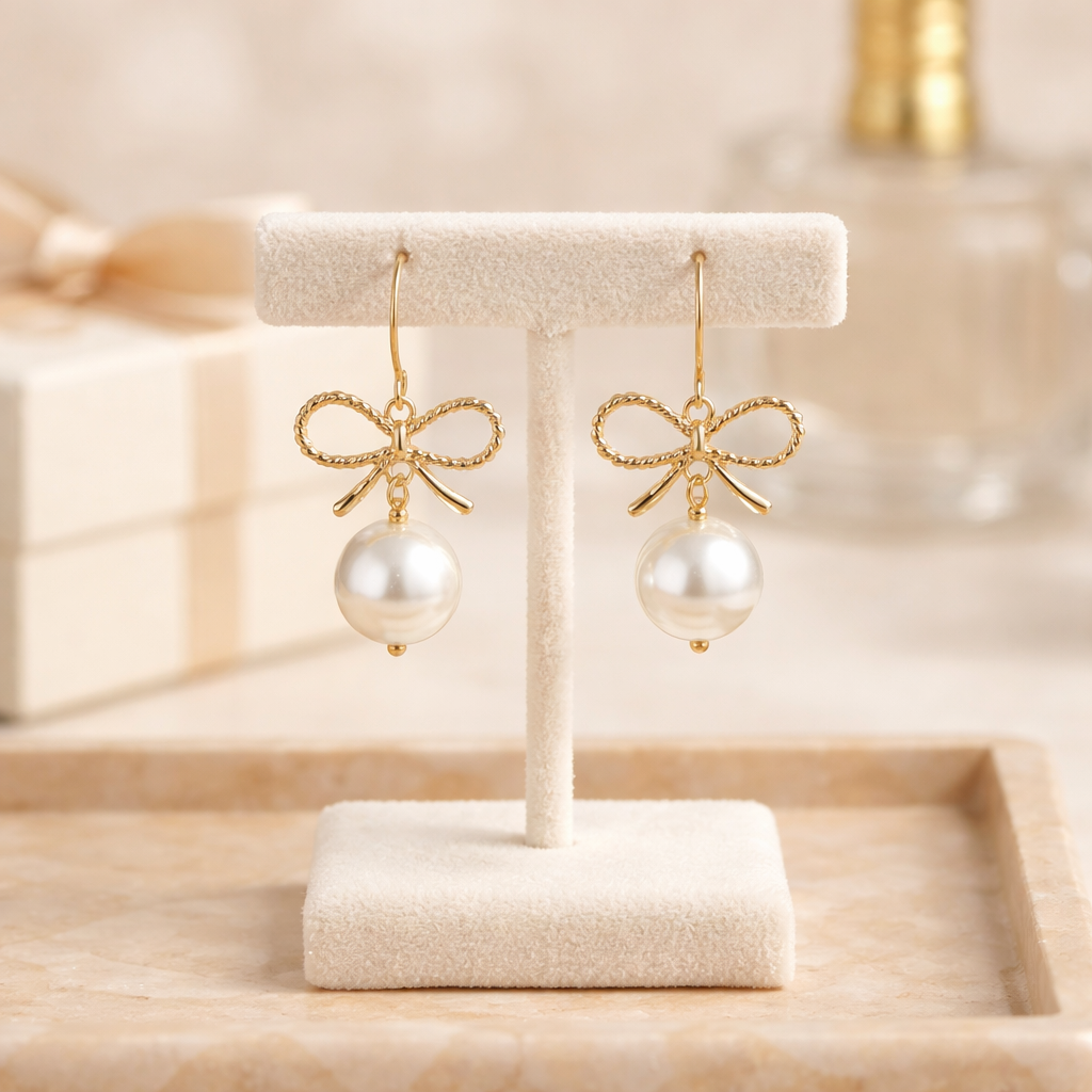 🎀 Golden Bow Pearl Drop Earrings