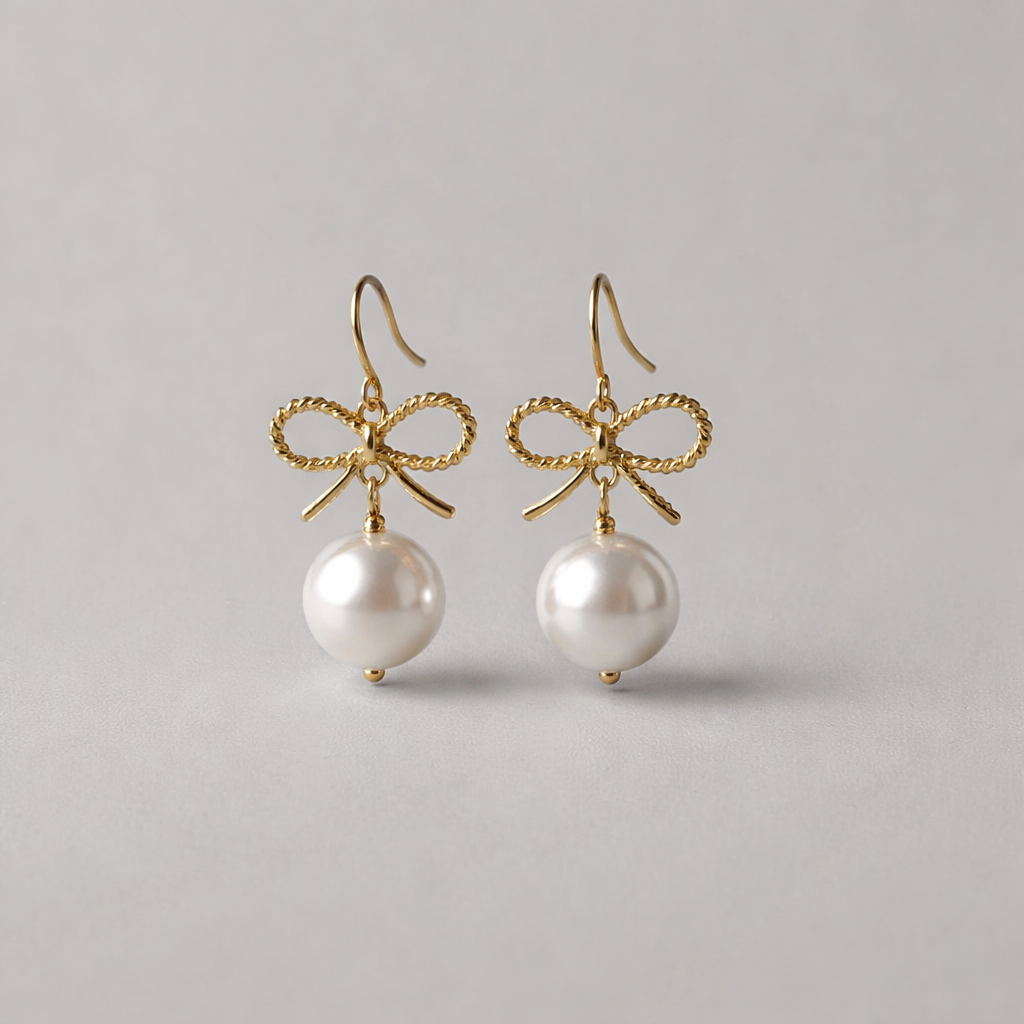 🎀 Golden Bow Pearl Drop Earrings