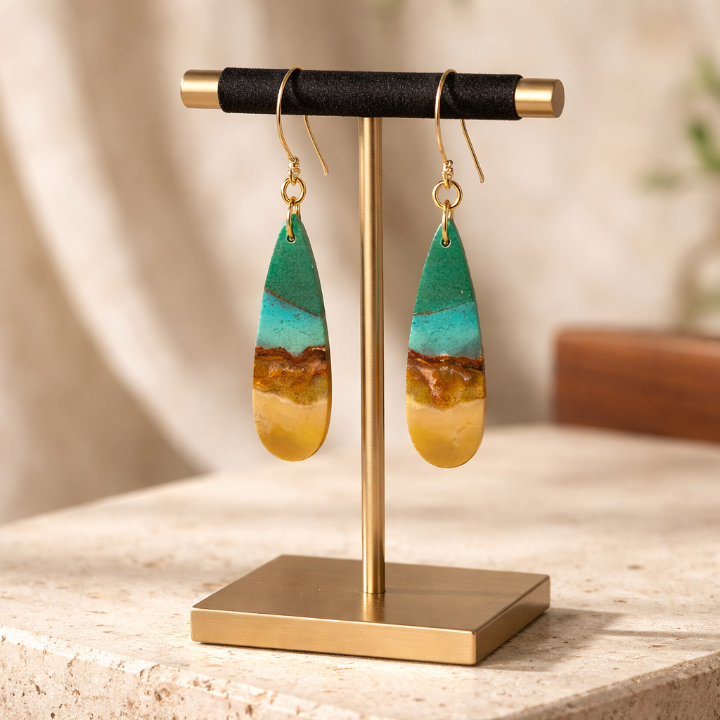 Opalized Wood Teal Drop Earrings