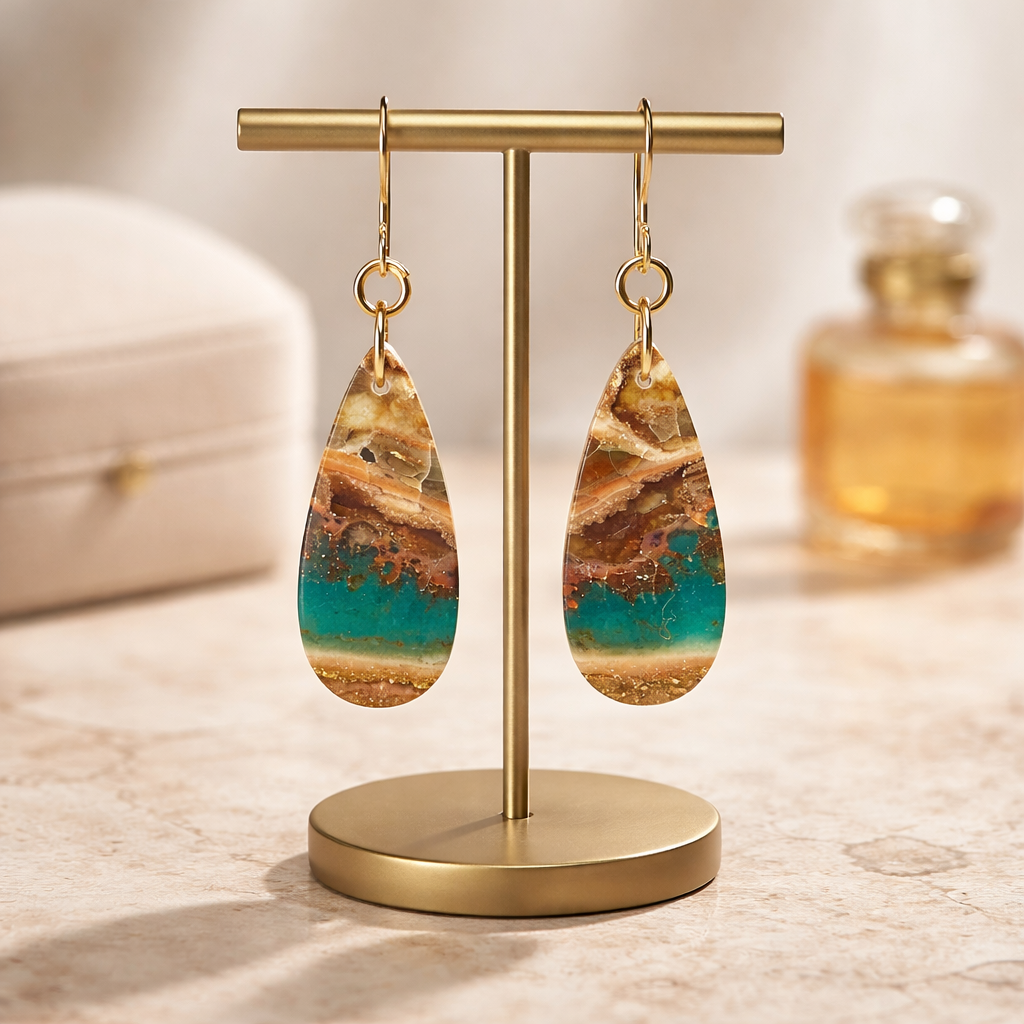 Opalized Wood Teal Drop Earrings