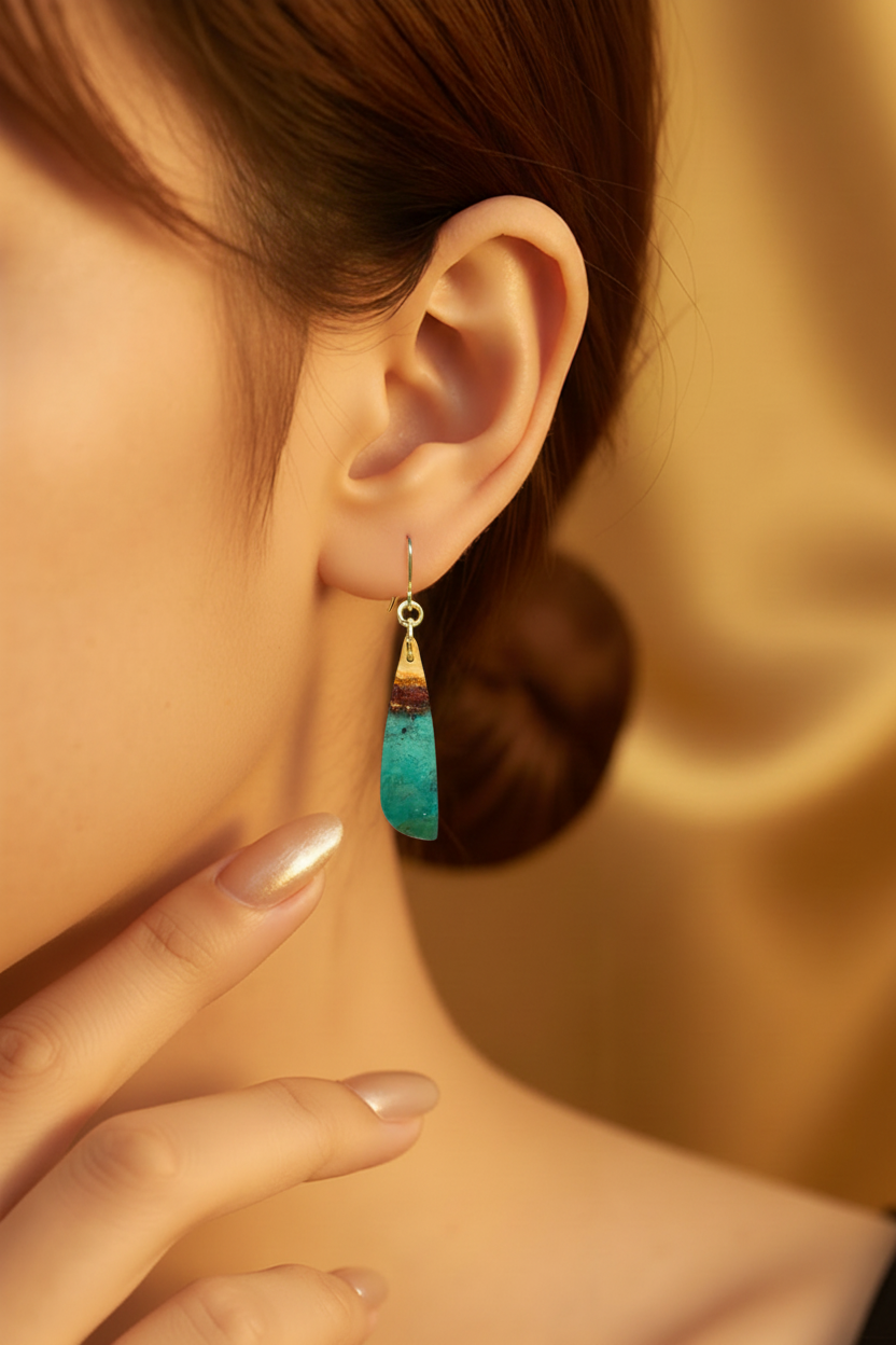 Opalized Wood Teal Drop Earrings