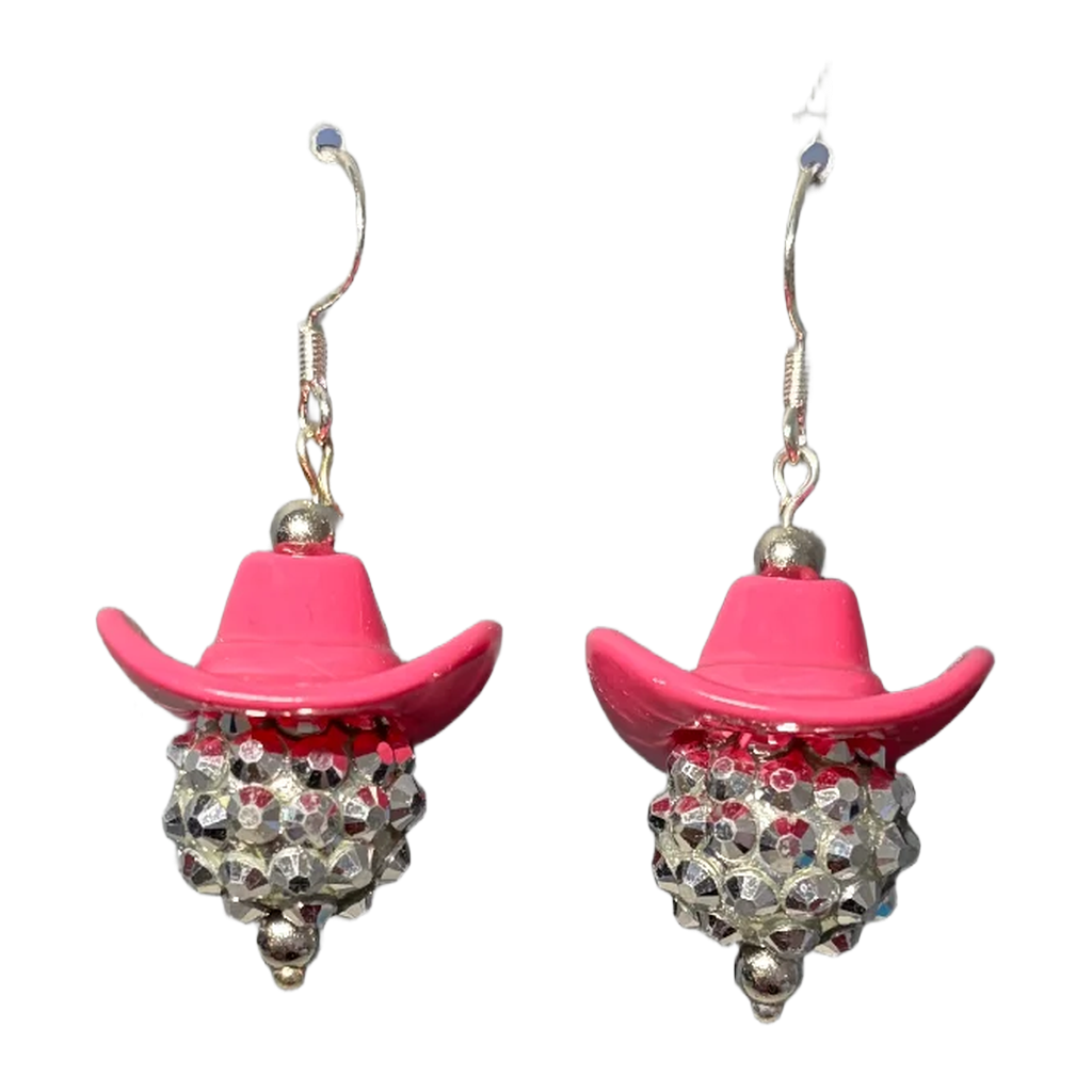 Disco Cowgirl Drop Earrings | Pink Cowboy Hat & Rhinestone Disco Ball Dangle Earrings