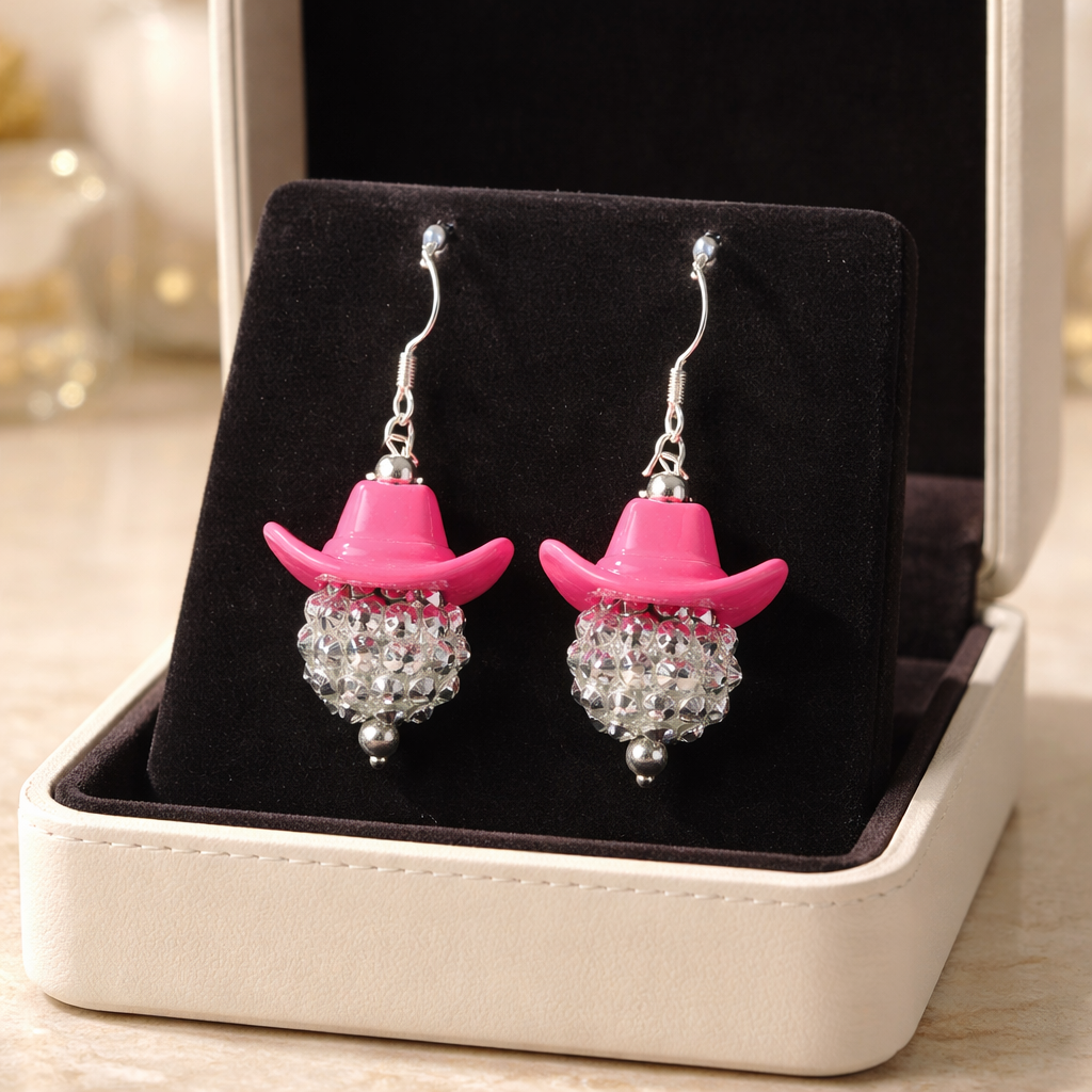 Disco Cowgirl Drop Earrings | Pink Cowboy Hat & Rhinestone Disco Ball Dangle Earrings