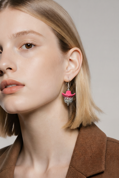 Disco Cowgirl Drop Earrings | Pink Cowboy Hat & Rhinestone Disco Ball Dangle Earrings