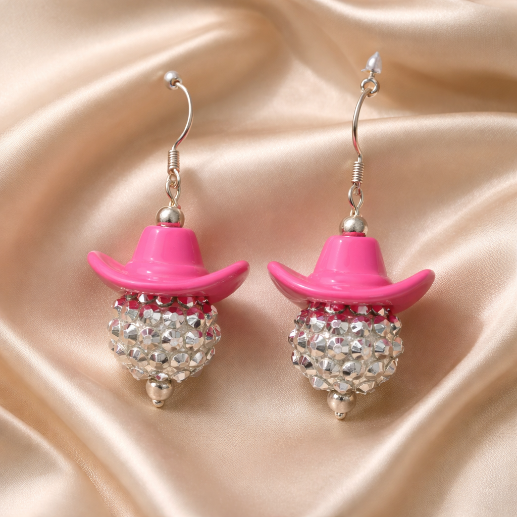 Disco Cowgirl Drop Earrings | Pink Cowboy Hat & Rhinestone Disco Ball Dangle Earrings