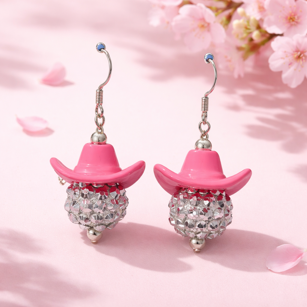 Disco Cowgirl Drop Earrings | Pink Cowboy Hat & Rhinestone Disco Ball Dangle Earrings
