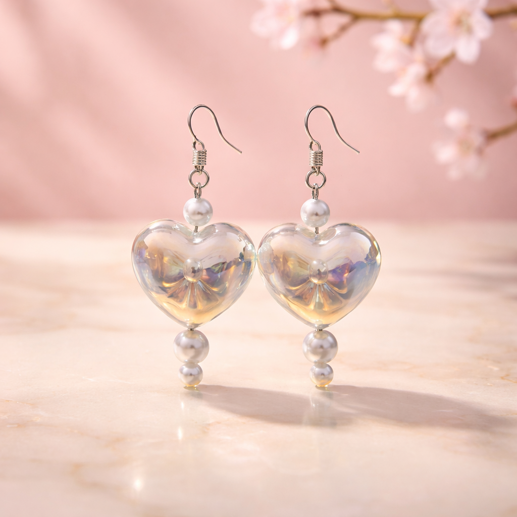 Iridescent Heart Pearl Drop Earrings 💕