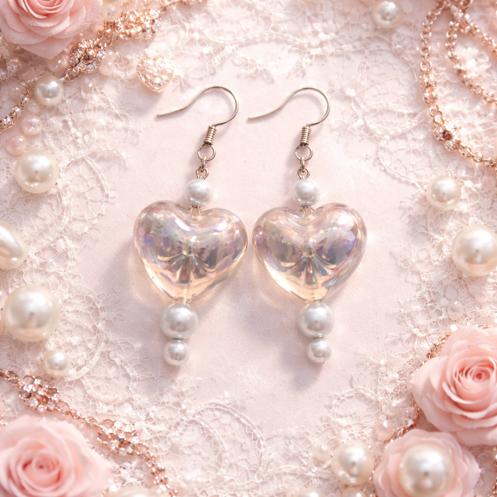 Iridescent Heart Pearl Drop Earrings 💕