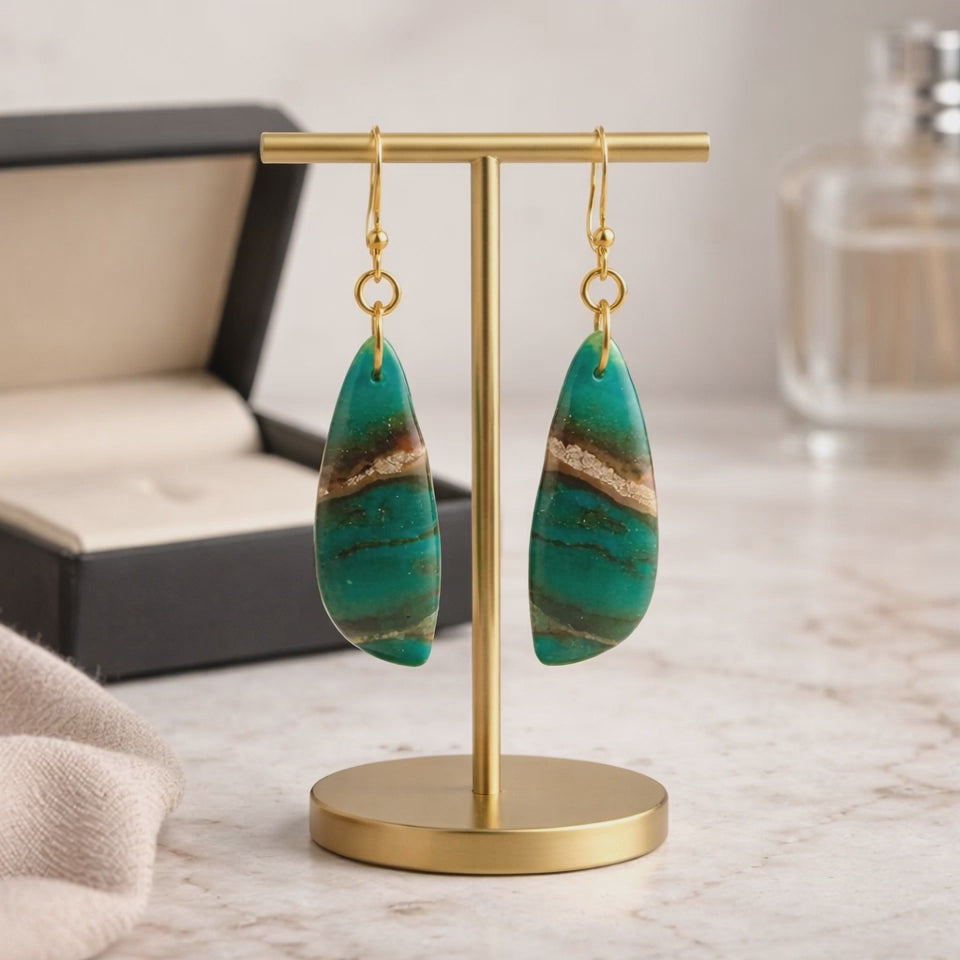 Opalized Wood Teal Drop Earrings