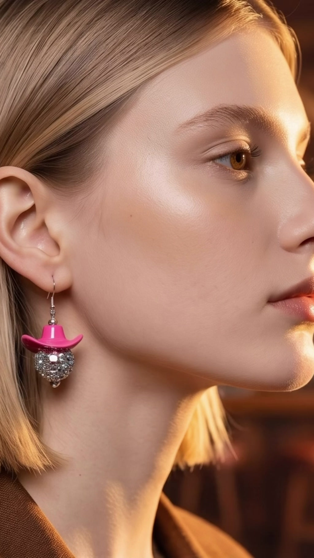Disco Cowgirl Drop Earrings | Pink Cowboy Hat & Rhinestone Disco Ball Dangle Earrings