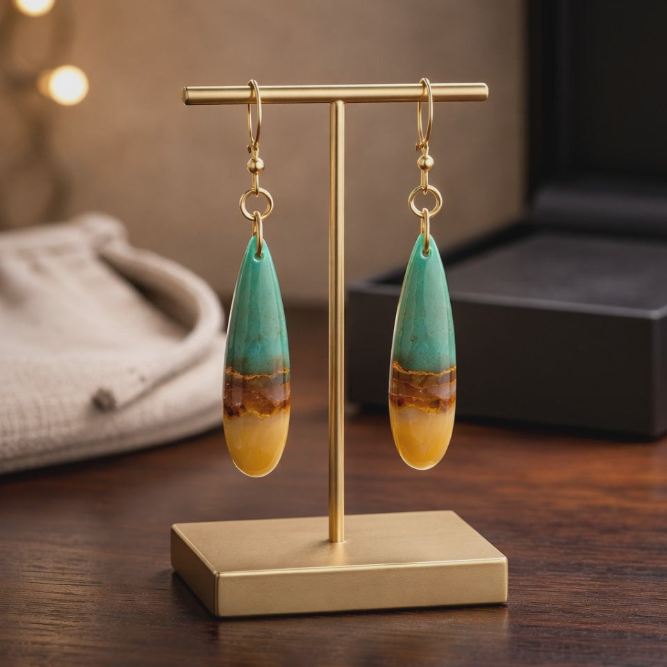 Opalized Wood Teal Drop Earrings