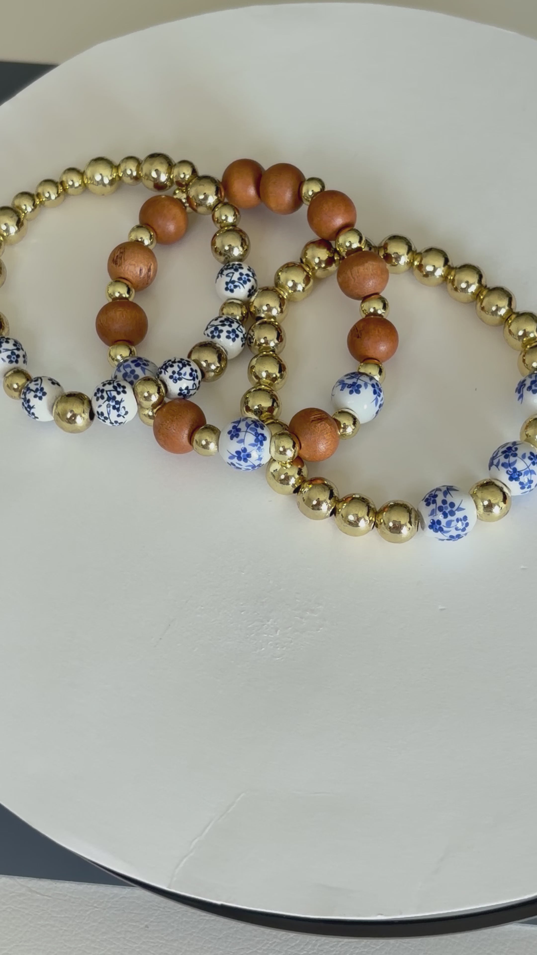 🩵 Blue Porcelain & Gold Stack Bracelet Set