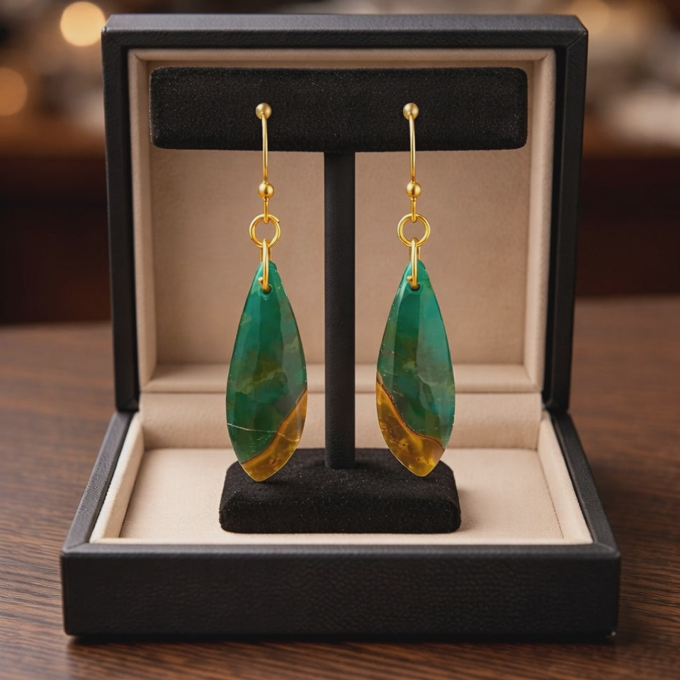 Opalized Wood Teal Drop Earrings